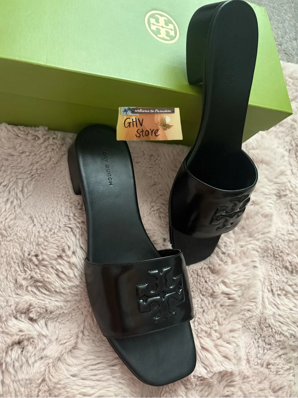 Tory Burch Black Patent Logo Slide Mules